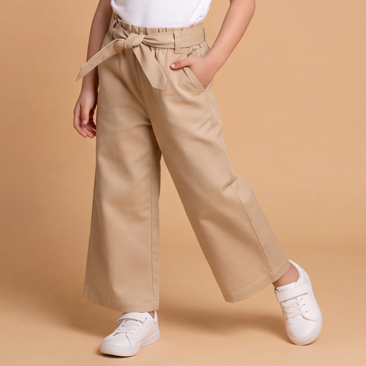 Girls Khaki Elasticated Trouser With Fabric Belt