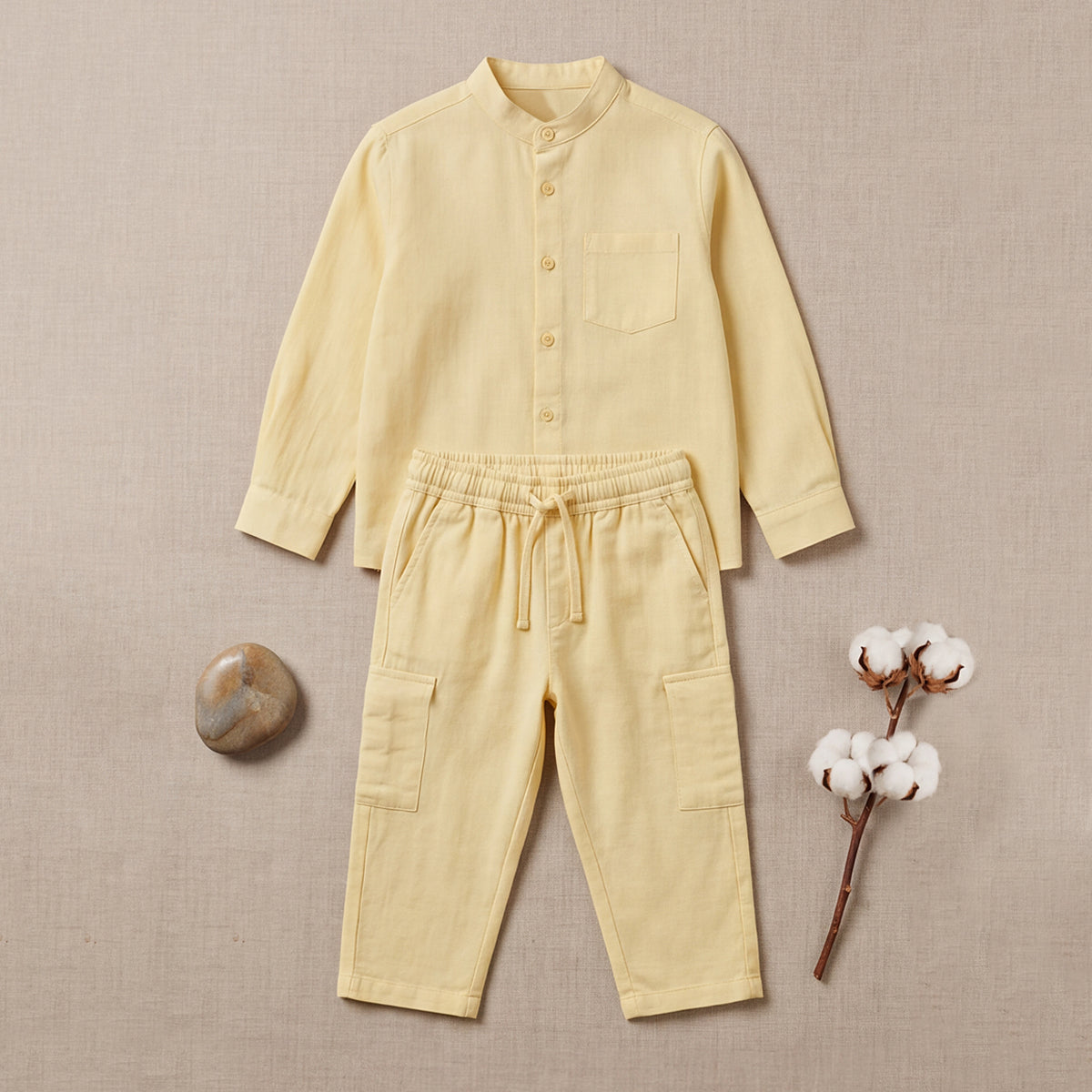Boys Yellow Mandarin collar Shirt With Elasticated Pants Set
