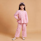 Girls Pink Printed Floral Long Sleeve Top With Elasticated Pants & Headband Sets