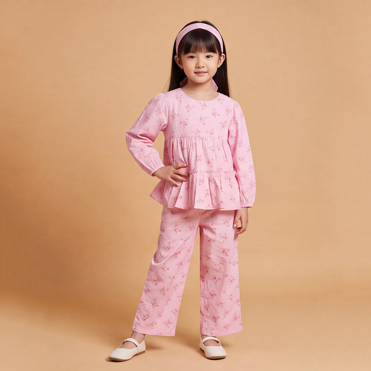 Girls Pink Printed Floral Long Sleeve Top With Elasticated Pants & Headband Sets