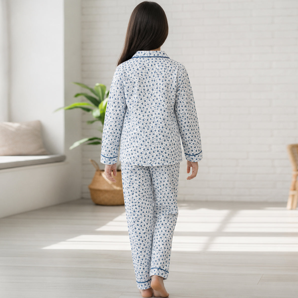 Girls White Printed Button-Down Long-Sleeve Shirt & Pants Nightwear Set