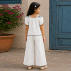 Girls White Elegant Flower Embroidery Button-Down Linen Co-Ord Set