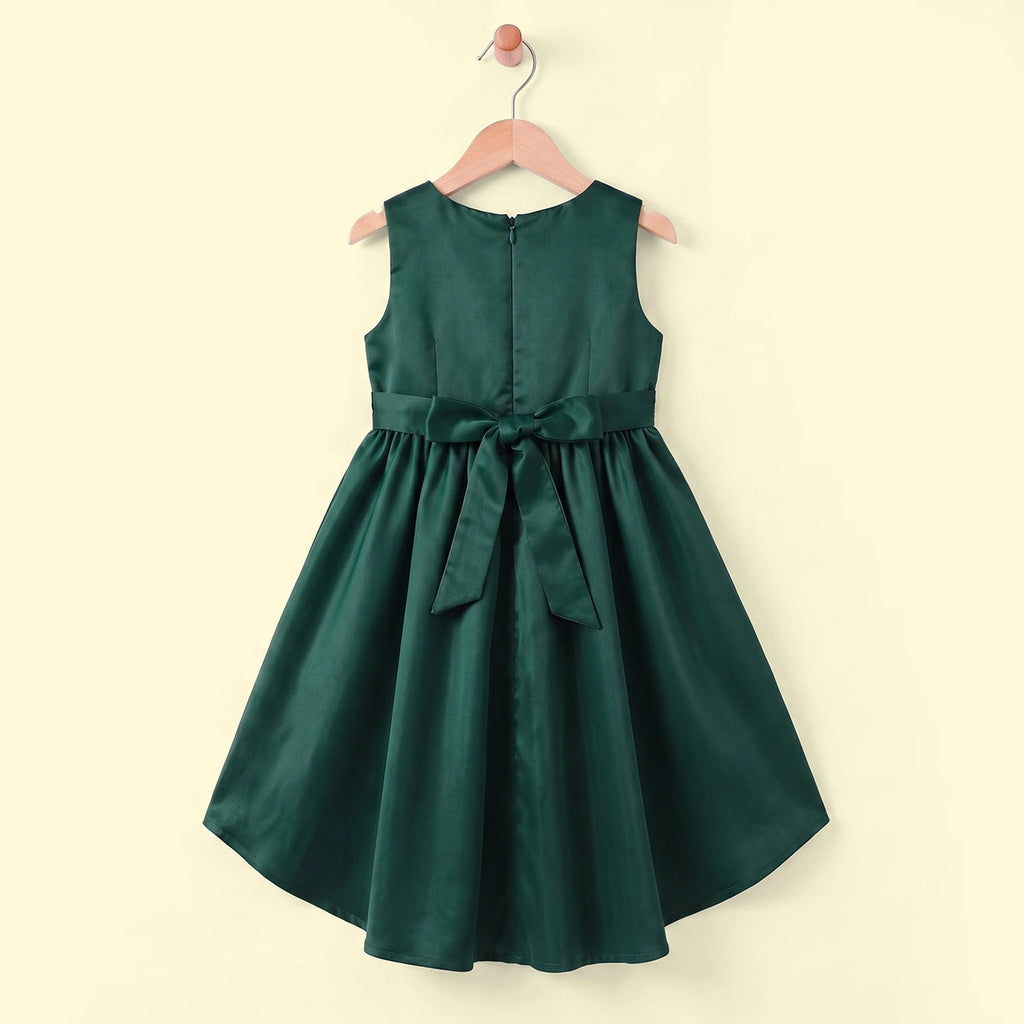 Girls Dark Green Floral Applique High Low Sleeveless Party Wear Dress