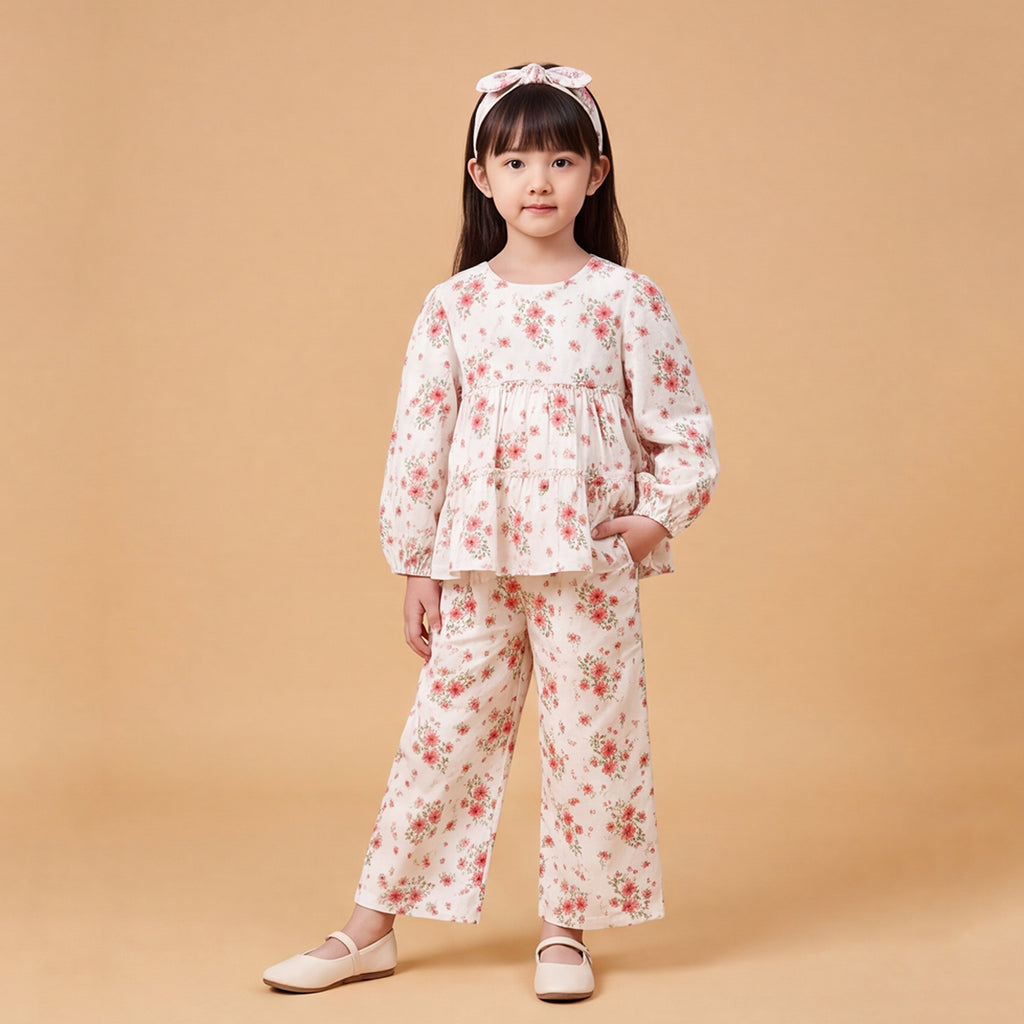 Girls White Printed Floral Long Sleeve Top With Elasticated Pants & Headband Sets