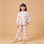 Girls White Printed Floral Long Sleeve Top With Elasticated Pants & Headband Sets