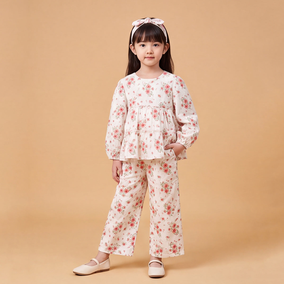 Girls White Printed Floral Long Sleeve Top With Elasticated Pants & Headband Sets