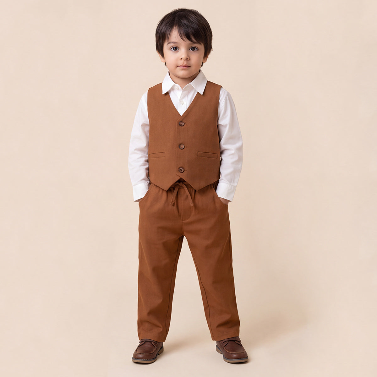 Toddler Boys Brown 3Pcs Outfit Set Shirt with Waist Coat and Pants Suit