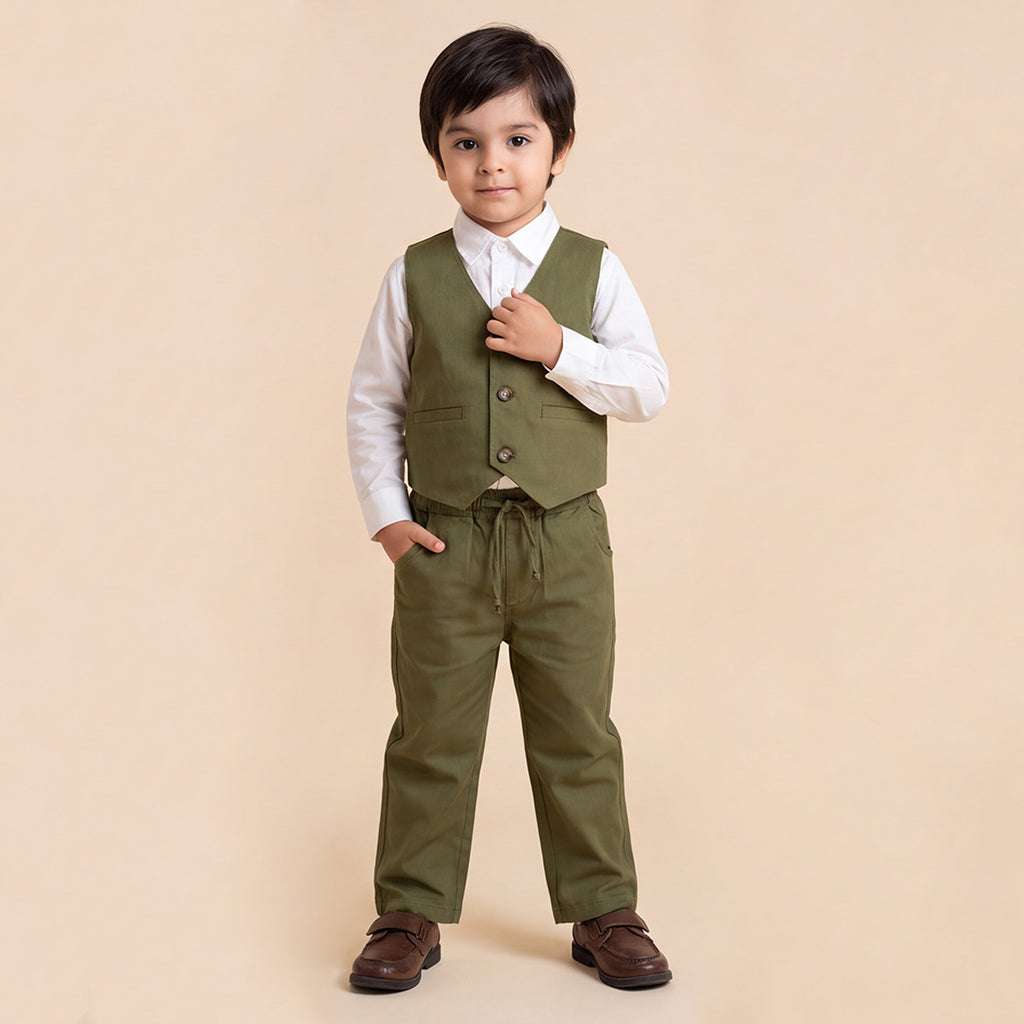 Toddler Boys Green 3Pcs Outfit Set Shirt with Waist Coat and Pants Suit