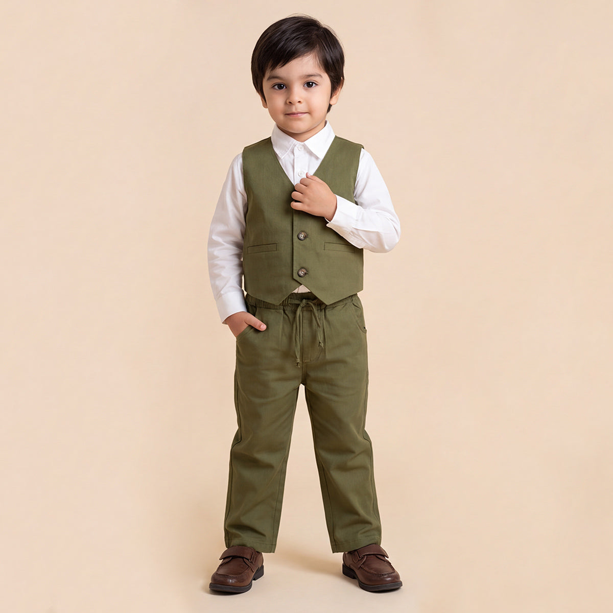 Toddler Boys Green 3Pcs Outfit Set Shirt with Waist Coat and Pants Suit