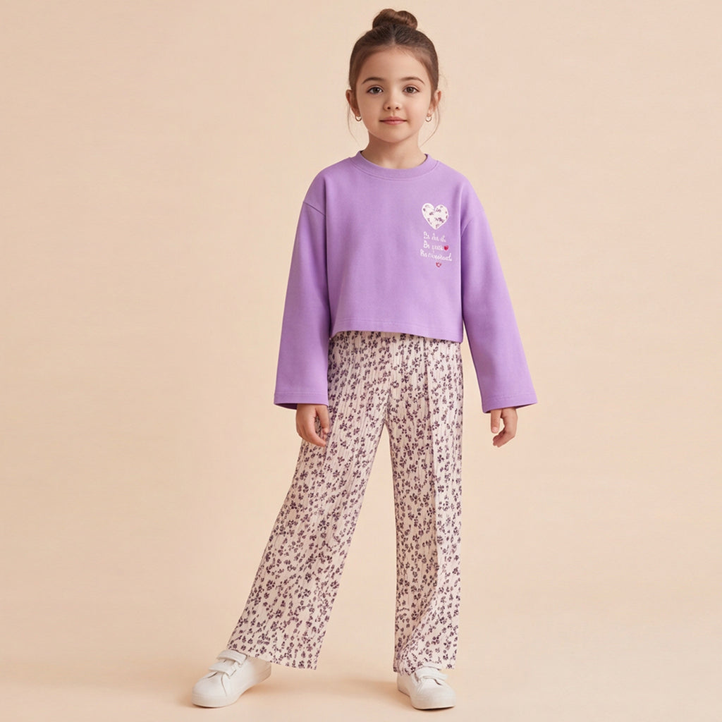 Girls Lilac Long Sleeve Top With Ditsy Print Trousers Set