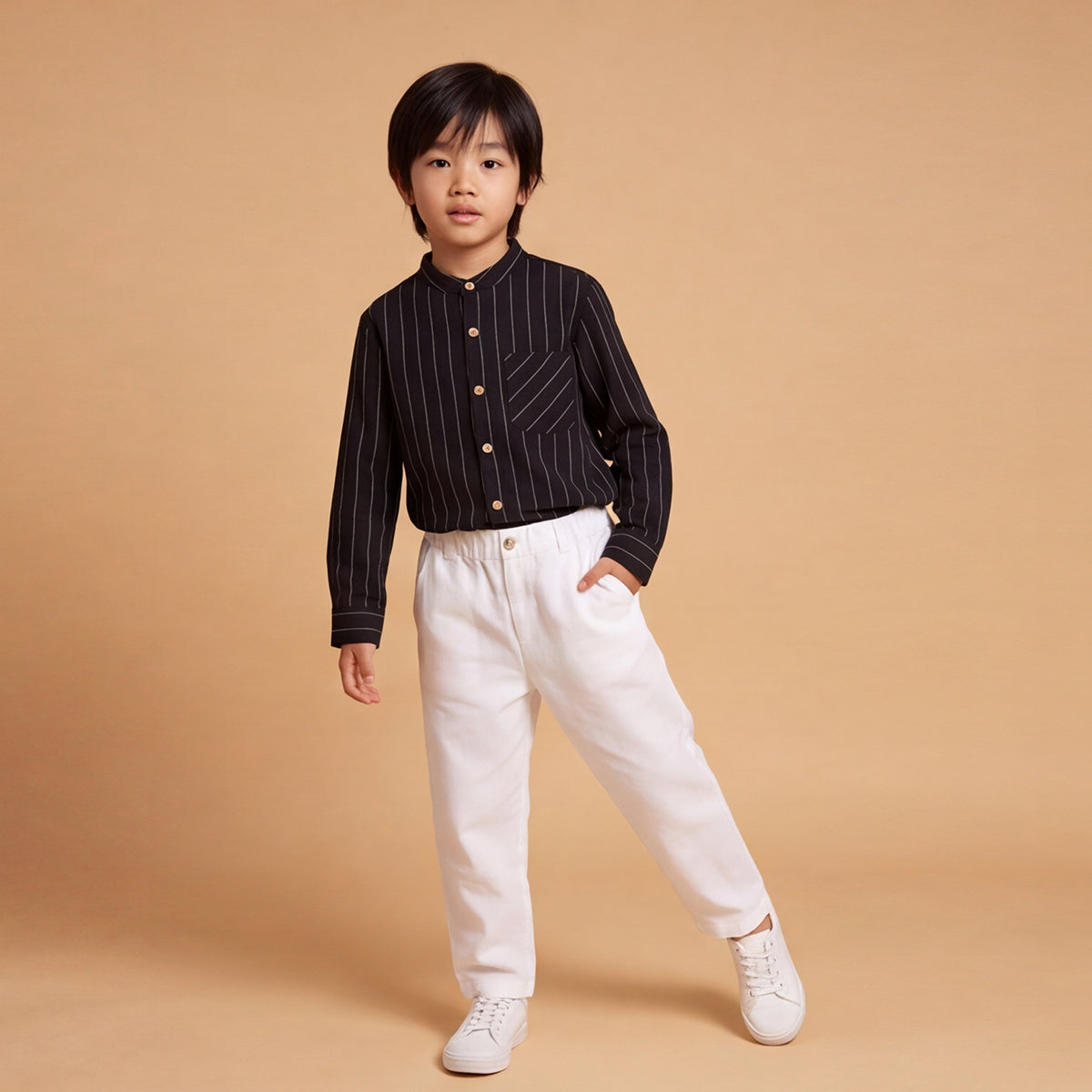 Boys Black Long Sleeve Stripes Shirt With Elasticated Trousers Set