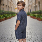 Boys Navy Paisly Printed Short Sleeve Shirt With Elasticated Shorts Co-ord Set