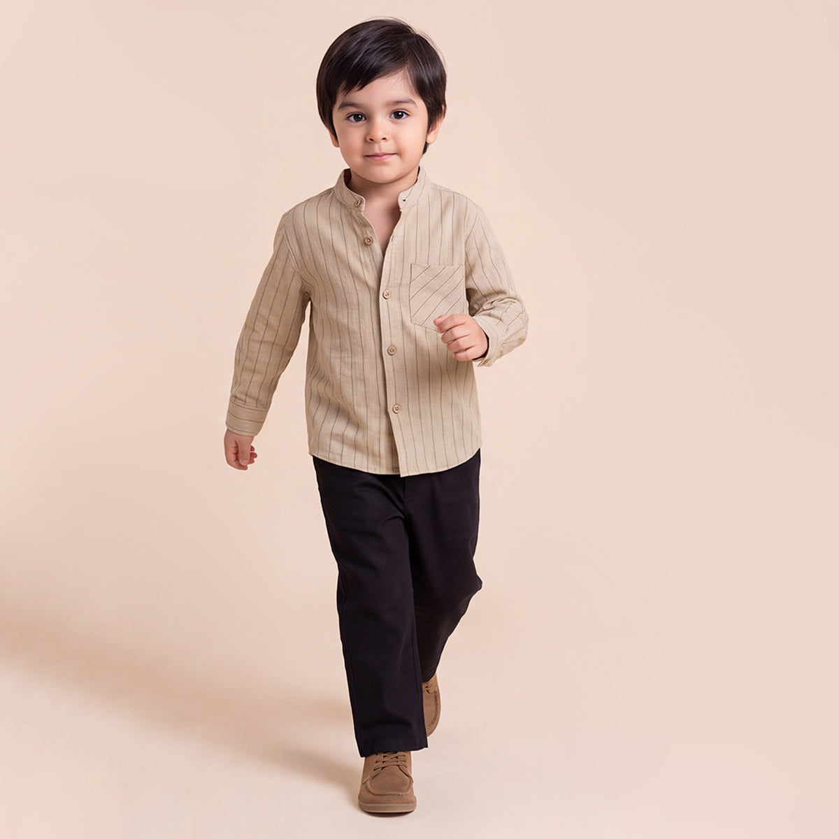 Boys Light Brown Mandarin Collar Striped Shirt & Elasticated Trouser Set