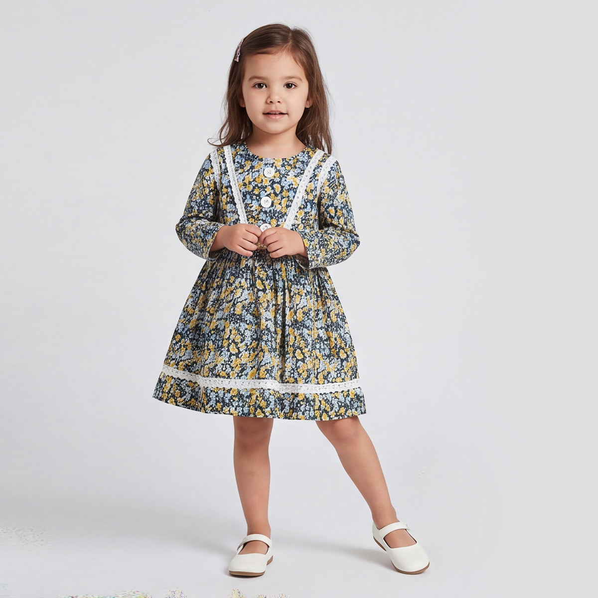 Girls Navy Floral Print Long Sleeve Dress