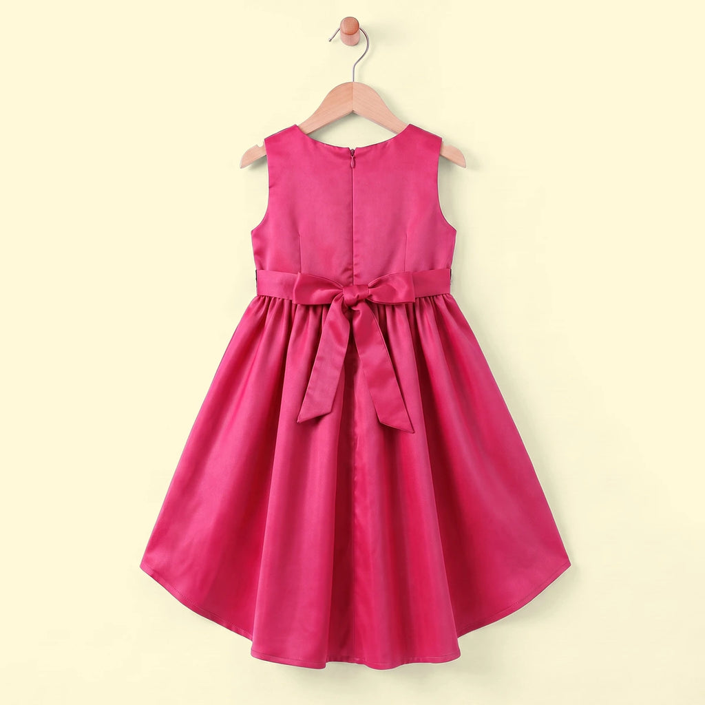 Girls Pink Floral Applique High Low Sleeveless Party Wear Dress