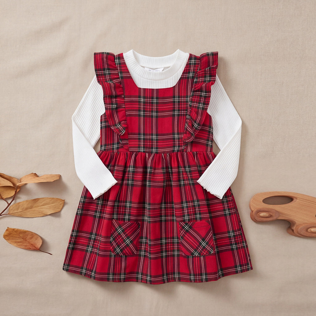 Girls Red Flannel Dress With Long Sleeve Textured T-Shirt