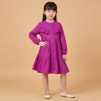 Girls Dark Pink Long Sleeve Corduroy Fit & Flare Dress