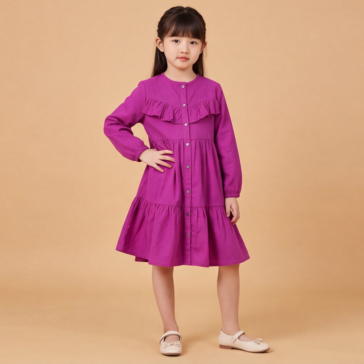 Girls Dark Pink Long Sleeve Corduroy Fit & Flare Dress