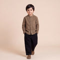 Boys Brown Mandarin Collar Striped Shirt & Elasticated Trouser Set
