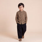 Boys Brown Mandarin Collar Striped Shirt & Elasticated Trouser Set