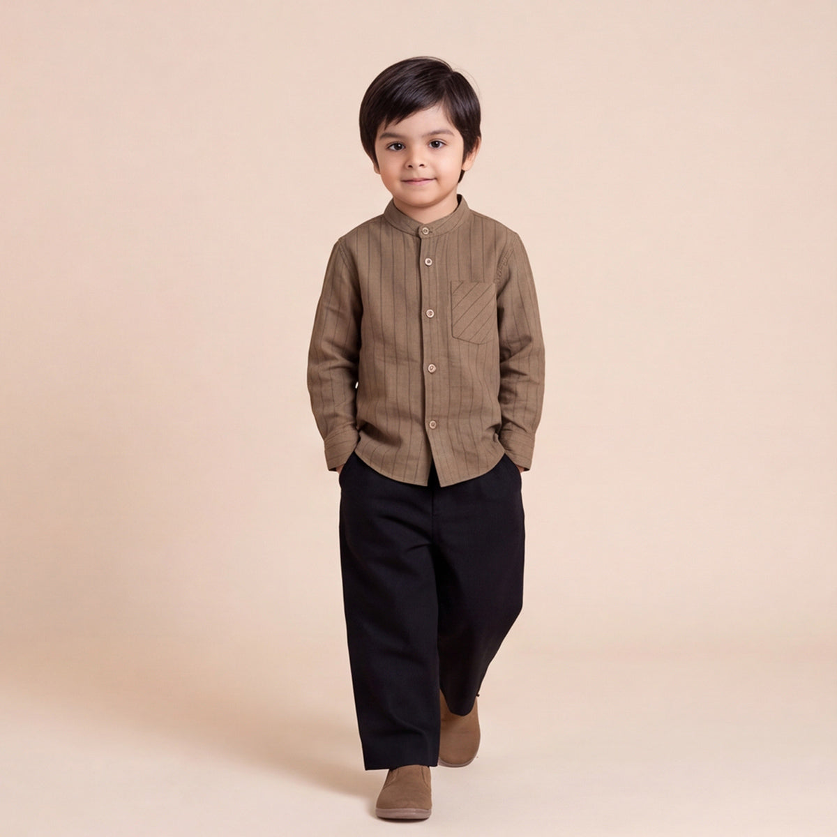 Boys Brown Mandarin Collar Striped Shirt & Elasticated Trouser Set