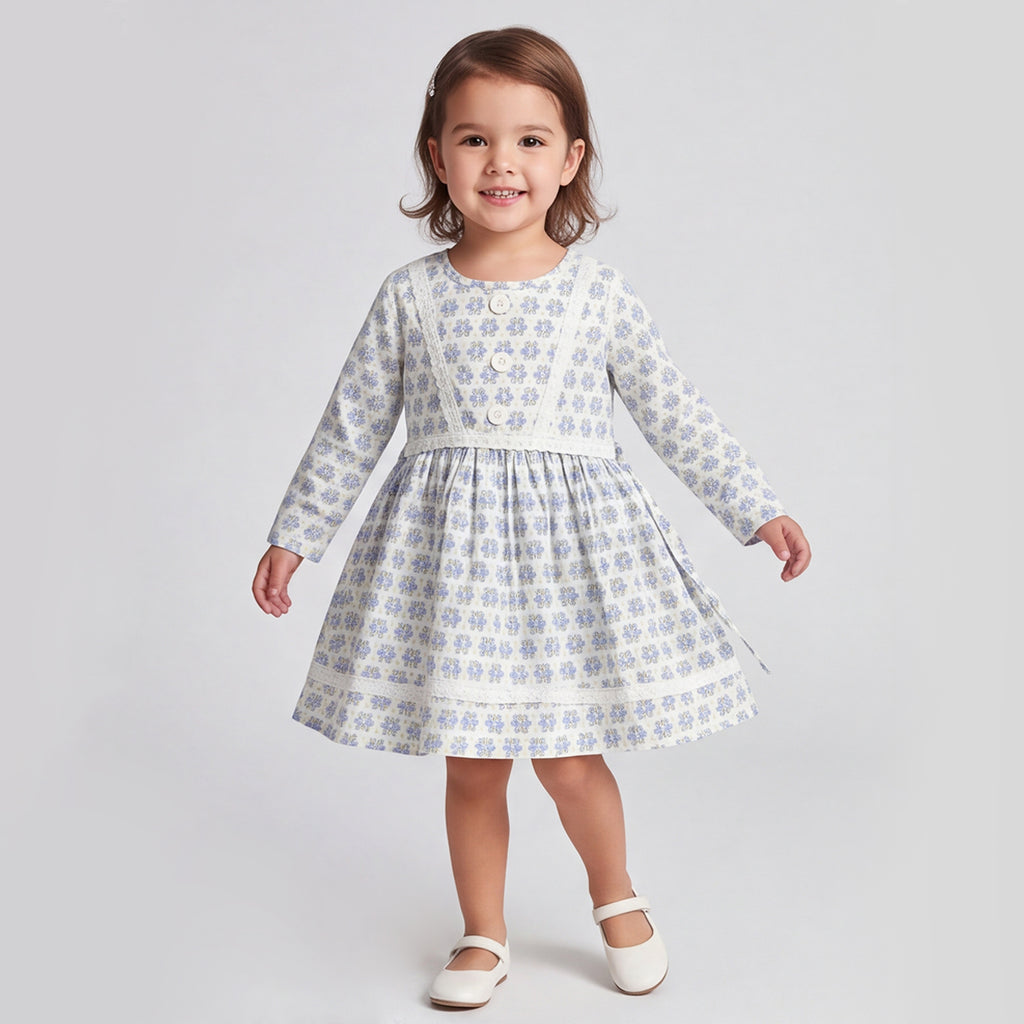 Girls Blue Printed Long Sleeve Dress