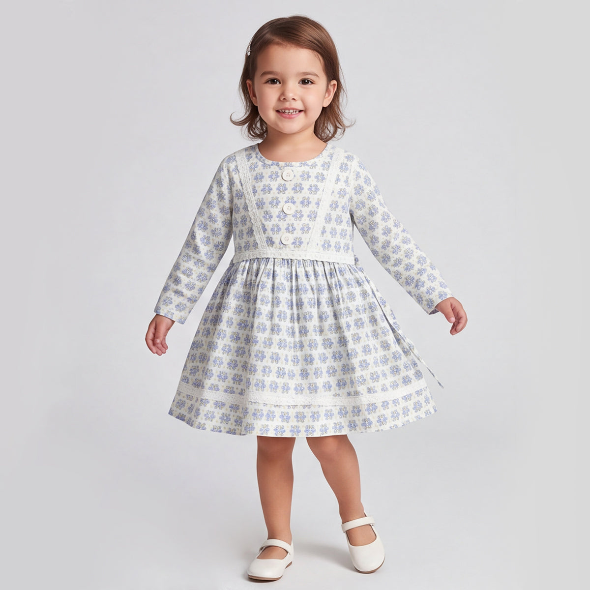 Girls Blue Printed Long Sleeve Dress