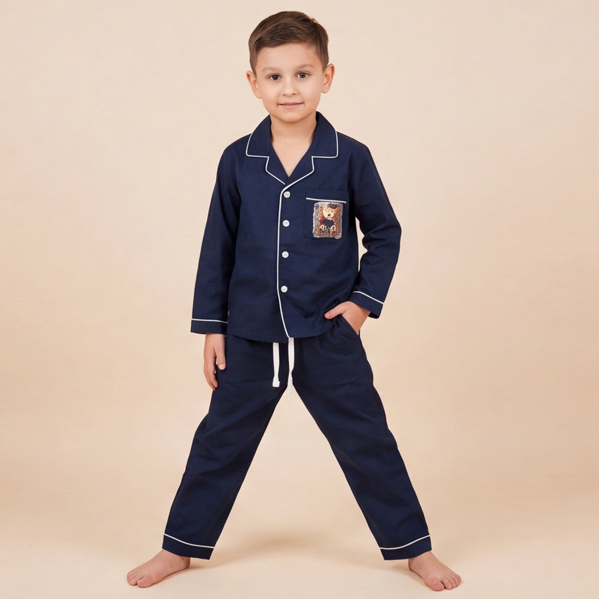Boys Navy Pajama Set: Long Sleeve Shirt and Elasticated Pants Sleepwear
