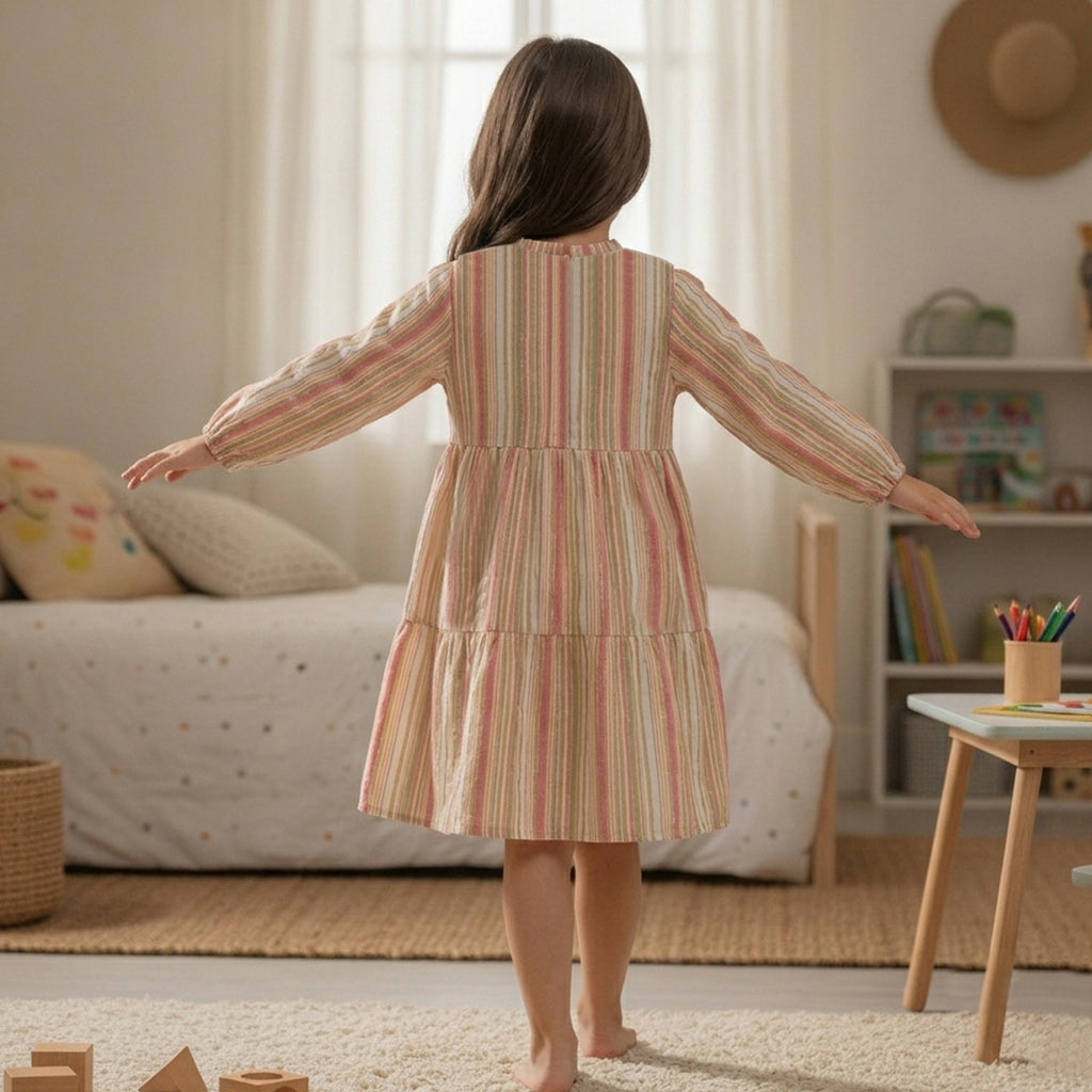 Girls Pink Long Sleeve Front Button Dress With Lining