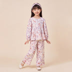 Girls Purple Printed Floral Long Sleeve Top With Elasticated Pants Sets