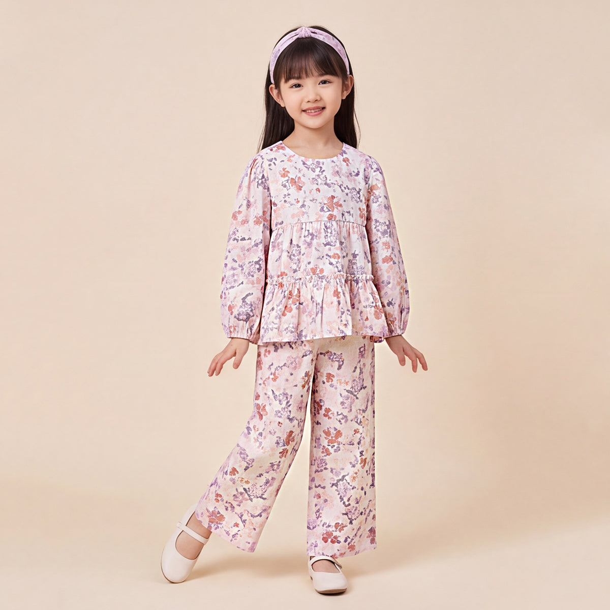 Girls Purple Printed Floral Long Sleeve Top With Elasticated Pants Sets