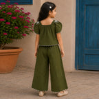Girls Olive Elegant Flower Embroidery Button-Down Co-Ord Set
