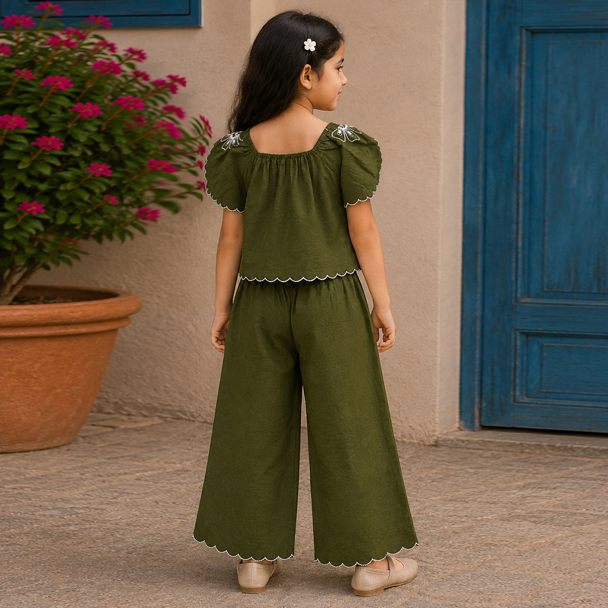 Girls Olive Elegant Flower Embroidery Button-Down Co-Ord Set