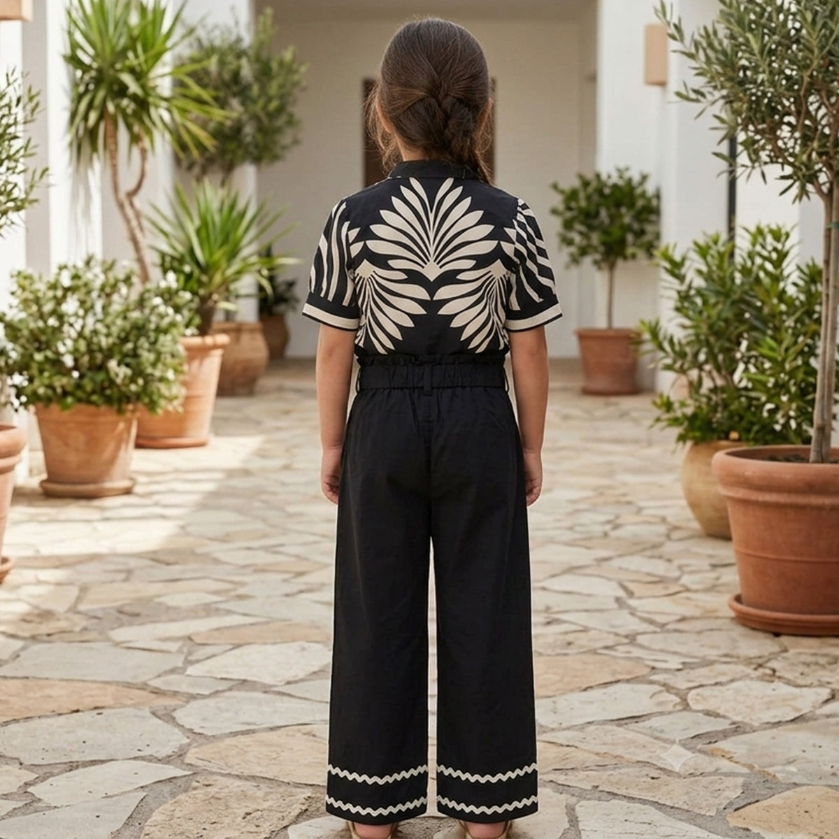 Girls Black Leaf Printed Button-Down Mercerized Cotton Co-Ord Set