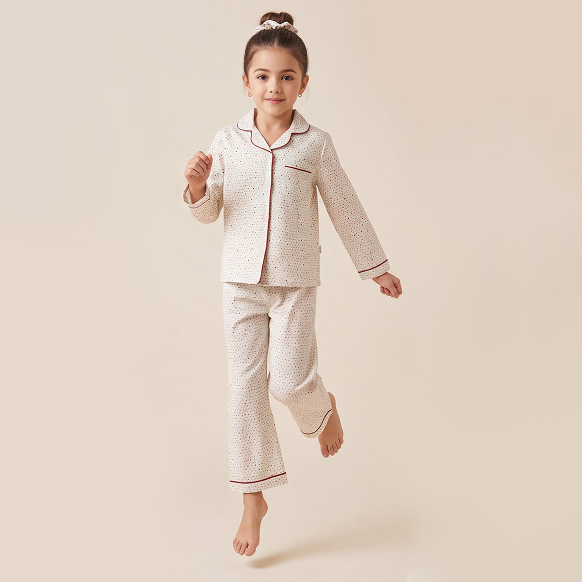 Girls Off White 3Pcs Pajama Set: Long Sleeve Shirt, Pajamas and Matching Stretched Hair Band