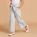Girls Beige Elasticated Trouser With Fabric Belt