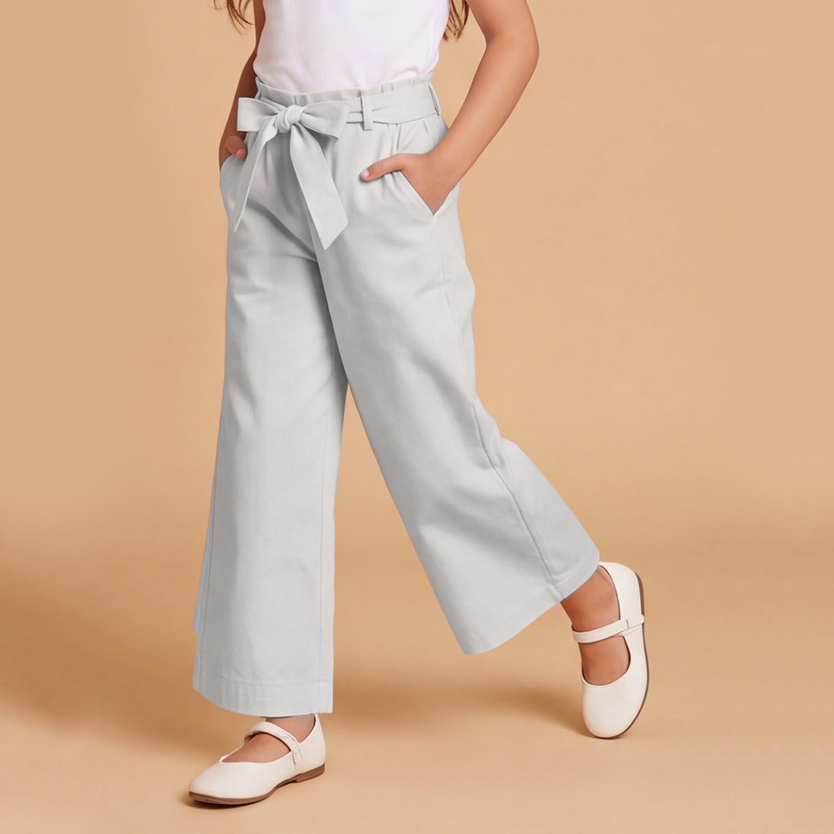 Girls Beige Elasticated Trouser With Fabric Belt