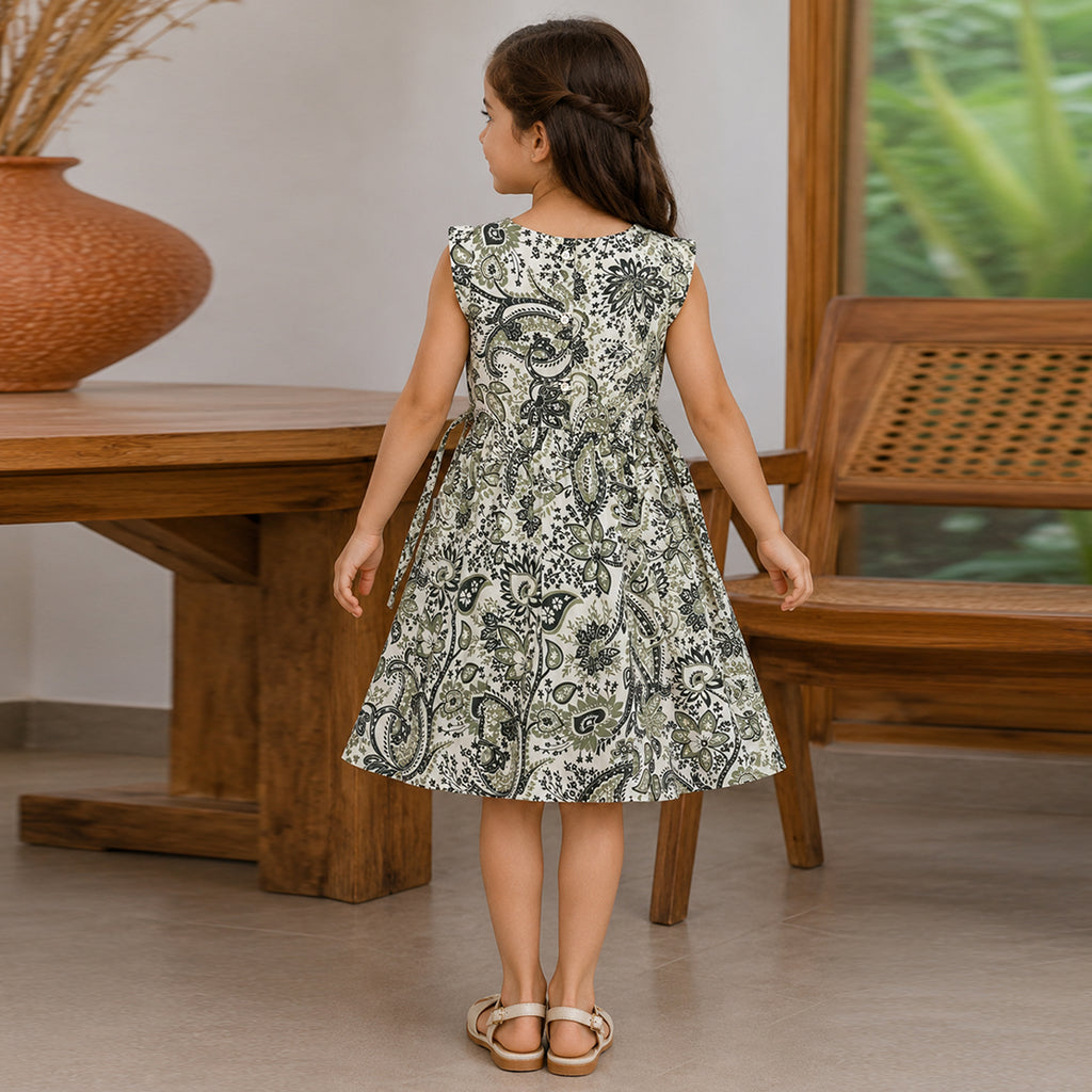 Girls Green Flying Sleeve Fit & Flare Dress