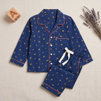 Boys Blue Leaf Printed Long Sleeve Shirt With Elasticated Pants Nightwear Sets