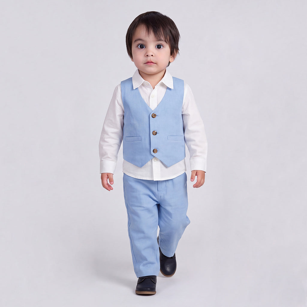 Toddler Boys Blue 3Pcs Outfit Set Shirt with Waist Coat and Pants Suit