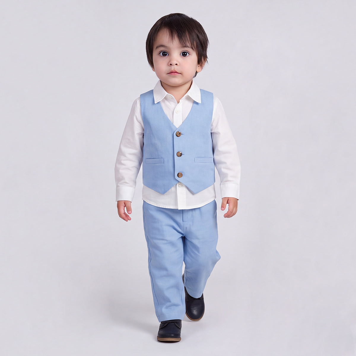 Toddler Boys Blue 3Pcs Outfit Set Shirt with Waist Coat and Pants Suit