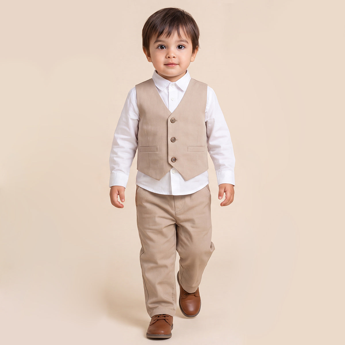 Toddler Boys Khaki 3Pcs Outfit Set Shirt with Waist Coat and Pants Suit