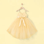 Girls Yellow Flower Applique High Low Sleeveless Party Wear Dress