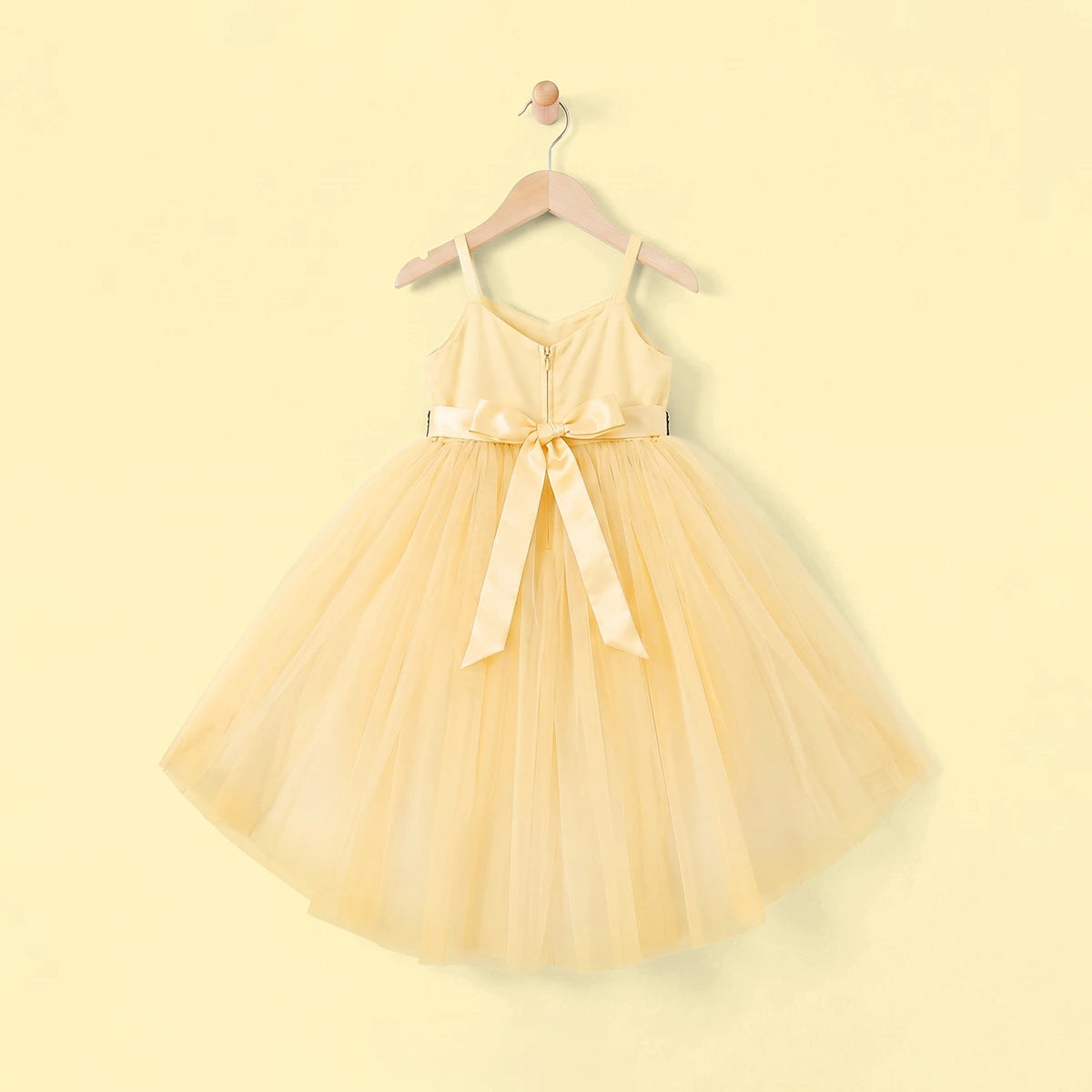 Girls Yellow Flower Applique High Low Sleeveless Party Wear Dress