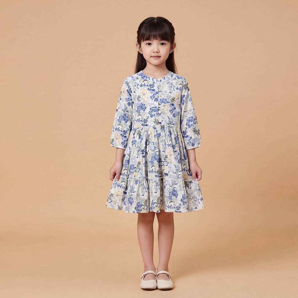 Girls Navy Floral Printed Long Sleeve Dress