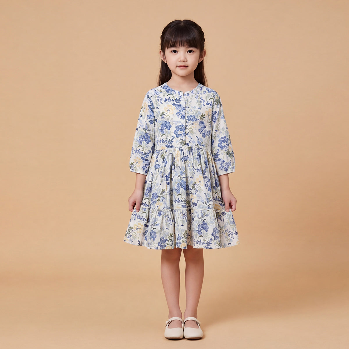 Girls Navy Floral Printed Long Sleeve Dress