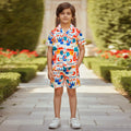Boys Multicolour Short Sleeve Printed Shirt With Drawcord Waist Shorts Sets