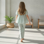Girls Green Double Pocket Lace Details Top With Printed Pants Sets