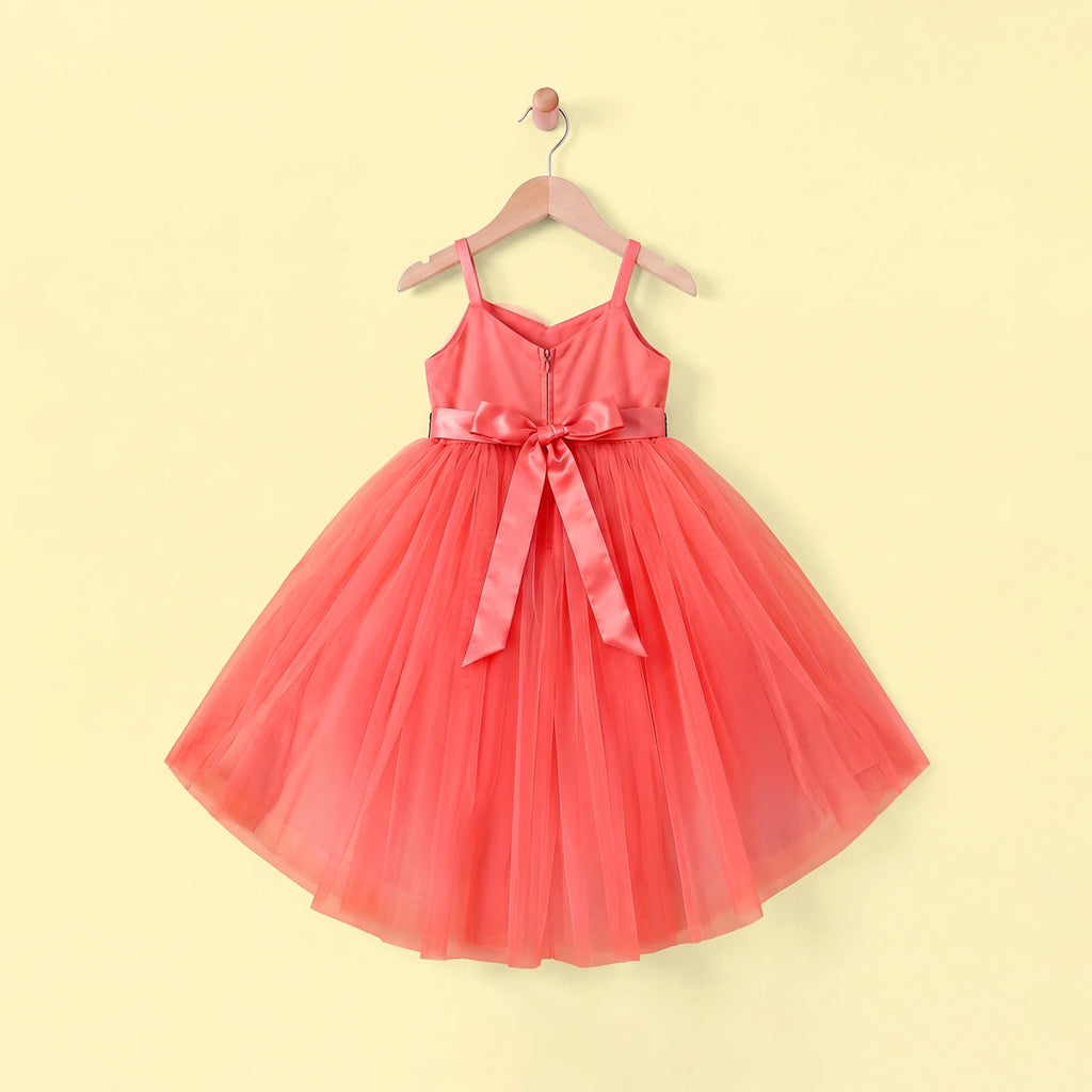 Girls Coral Floral Applique High Low Sleeveless Party Wear Dress