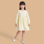 Girls Light Yellow Embroidered Long Sleeve A-Line Dress